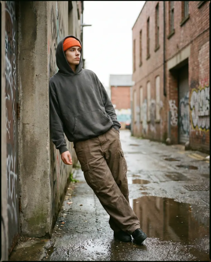 AI actor in a hoodie leaning against a brick wall in an alley